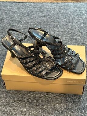 Naturalizer Black Braided Strappy Heels 8.5M Slingback Leather Sandals